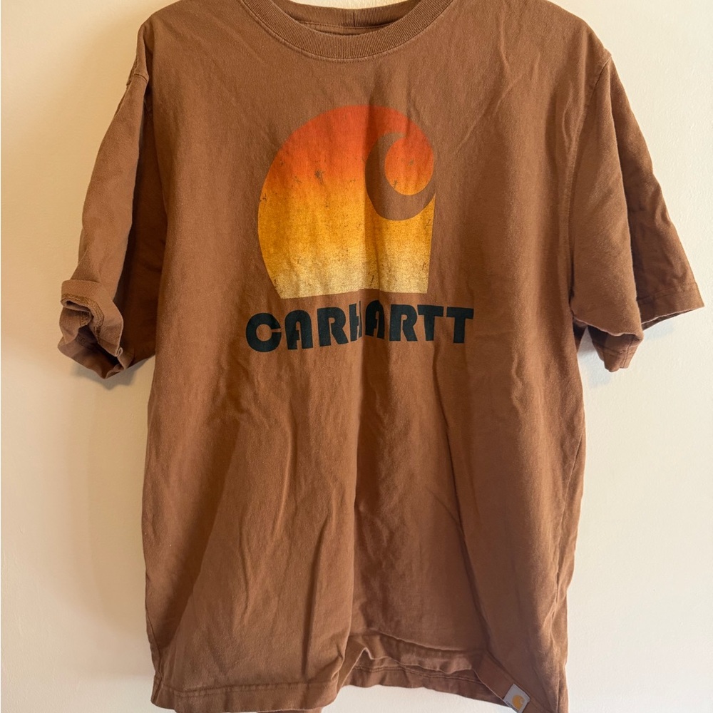 Carhartt Brown Tee with Yellow-Orange Gradient Wave Logo